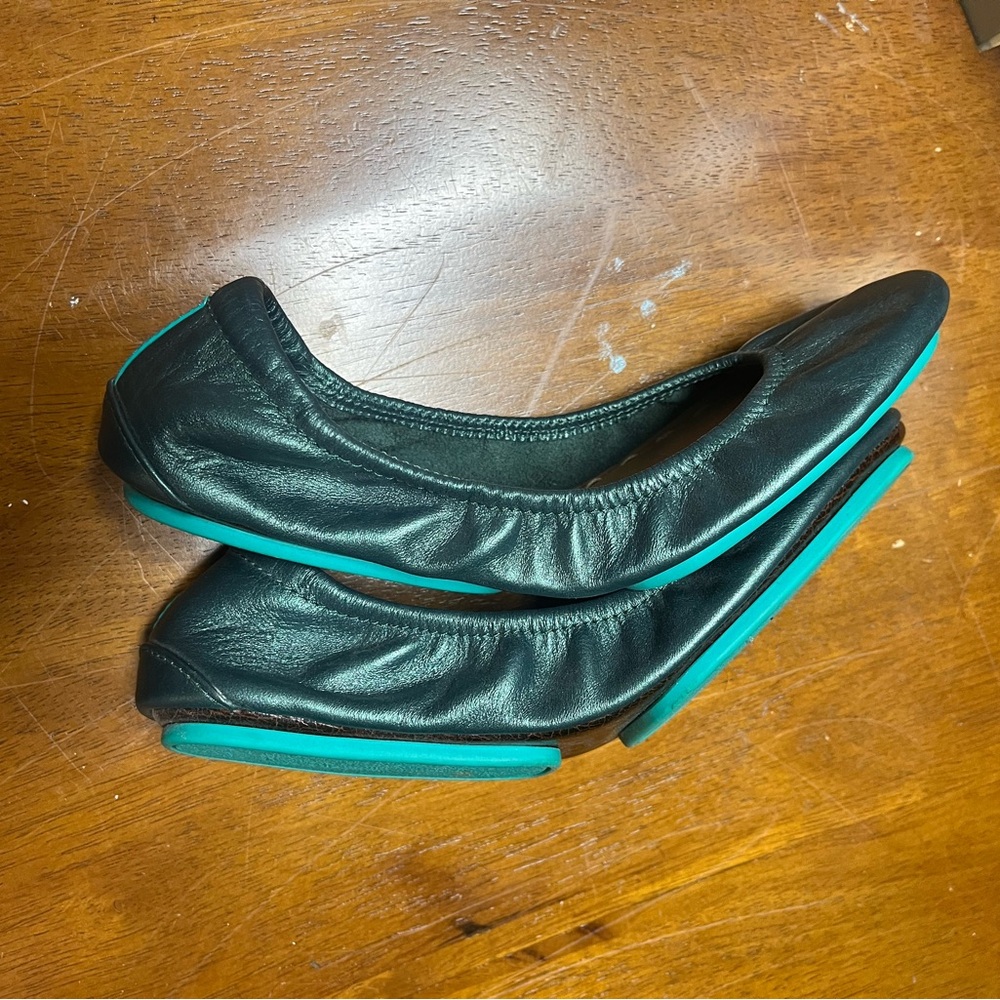 Tieks Metallic Teal Ballet Flats with Teal Heel Accent - Picture 3 of 6